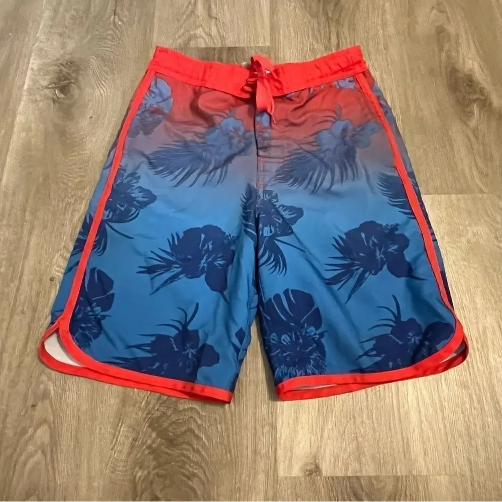 O'Rageous Red & Blue Hawaiian Print Board Shorts
